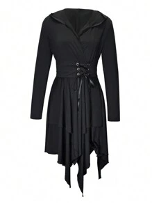 Chiquease 针织休闲收腰长袖不对称下摆连帽腰带纯色连衣裙 - 黑色 - 查看 4