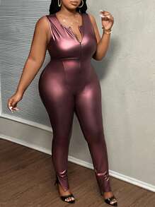 Slaydiva Top court avec fermeture éclair et ourlet fendu, violet laser unicolore, élégant, idéal pour les fêtes et festivals de musique. Combiné avec une combinaison extra longue ample pour femmes en grande taille, en tissu enduit de PU léger, pour le printemps et l'automne - Parme - Voir 5