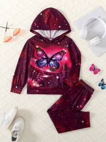 2pcs/Set Girls Casual Sports Hooded Long Sleeve Butterfly Print Sweatshirt And Drawstring Pants Set, Suitable For Vacation, Travel And Outdoor, Spring & Autumn