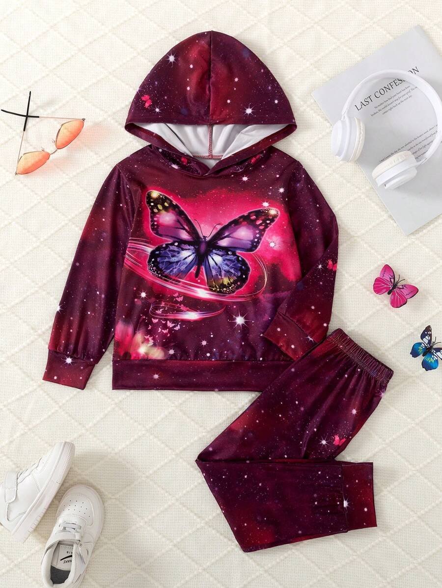 2pcs/Set Girls Casual Sports Hooded Long Sleeve Butterfly Print Sweatshirt And Drawstring Pants Set, Suitable For Vacation, Travel And Outdoor, Spring & Autumn