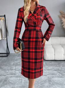 SHEIN Clasi Casual Plaid Lapel Waisted Dress, Autumn/Winter