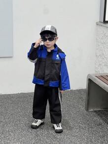 SHEIN 1pc Young Boy Korean Style Cute Hooded Contrast Color Splice Warm Winter Jacket With Furry Lining,Cartoon Animal Print Accent,Outdoor School Apparel - Blue - View 3
