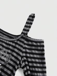 ROMWE Grunge Punk Grunge Style Punk Retro Striped Print Rhinestone Decor Off-Shoulder Long Sleeve Women T-Shirt - Multicolor - View 4
