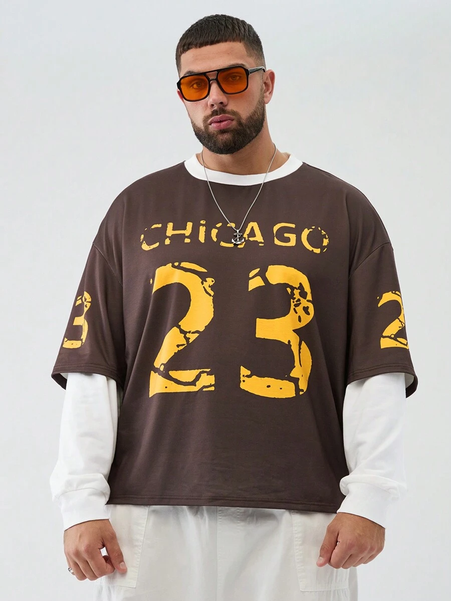 Manfinity VCAY Plus Size Men's Loose Fit Round Neck Letter & Numeral Print Long Sleeve Mock Neck Hoodie Sweatshirt, For Fall Winter - Multicolor - View 1