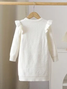 LMoss Kids LMoss Young Girl Young Girl 圆领长袖拼布荷叶边纹理针织毛衣裙，适合休闲日常穿着，有一定的保暖性，秋冬季 - 白色 - 查看 2