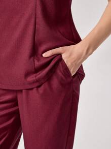 TaskEZ Burgundy Red Women Simple Badge Detail Waist Fitted Short Sleeve Top And Pants Work Uniform - Burgundy - View 9