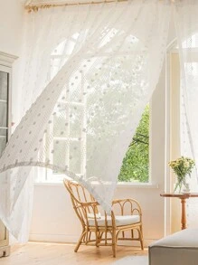 1 panneau de rideau transparent avec pompon blanc moelleux, de style campagne française pour chambre à coucher, salon, balcon. Doublure pour fenêtre avec passant pour tringle