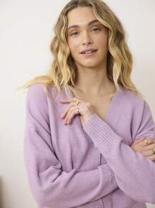 Aralina Women's Solid Color V-Neck Drop Shoulder Long Sleeve Single-Button Casual Cardigan, Autumn/Winter