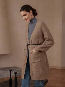 SHEIN Privé Retro Elegant Rhombus Pattern Ribbed Textured Long Knitted Cardigan - Brown - View 3