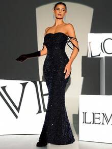 水鑽細節一字肩亮片正式禮服 - 黑色 - 查看 4