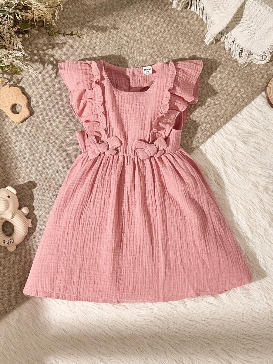 SHEIN Cô Gái Trẻ Viền Ruffle Nơ mặt trước Đầm - Hồng - Xem 1