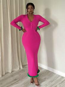 Slaydiva Nuevo vestido largo casual y elegante de mujer con cuello en V, mangas largas, puños y bajo en contraste verde, bajo ancho acanalado y silueta ajustada en color rojo rosa.