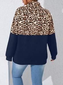 SHEIN LUNE Plus Leopard Print Drop Shoulder Drawstring Hoodie Sweatshirt - Navy Blue - View 2