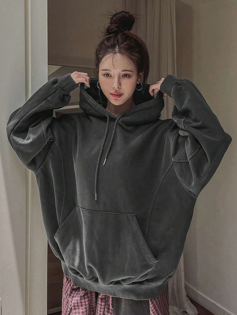 DAZY 女式纯色超大口袋连帽衫，秋季女装运动衫