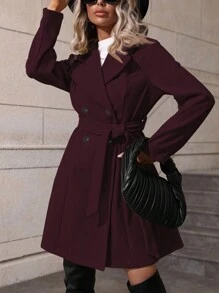 SHEIN Clasi 纯色双排扣优雅长袖大衣 - 酒紅色 - 查看 1