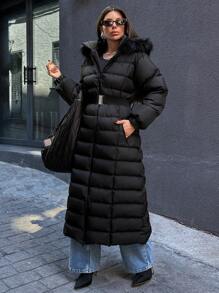 SHEIN Cottnline A Line Hem Long Fashionable Padded Coat - Black - View 6