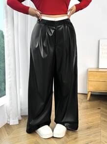 SHEIN EZwear 大码女式撞色腰褶皱宽松阔腿西装裤