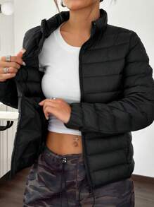 SHEIN EZwear Lightweight Stand Collar Slant Pocket Down& Feathers Coat For Women, Winter Clothes