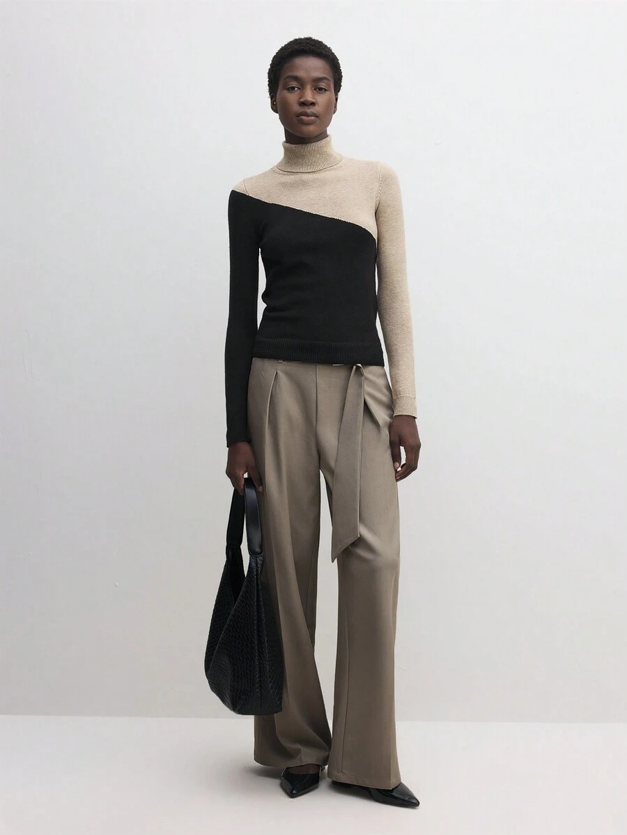 BizChic 女士纯棕色系带长裤，优雅通勤裤，适合节日、圣诞节