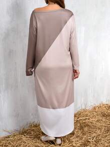 SHEIN LUNE Plus Size Asymmetrical Neck Color Block Elegant Long Sleeve Dress - Multicolor - View 2