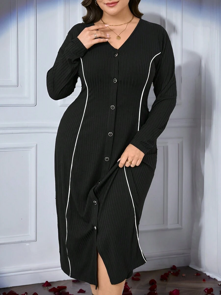 Modelyn Plus Size V-Neck Front Button Contrast Color Trim Long Sleeve Dress - Black - View 1