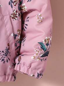 青少年女孩花卉印花蓬松领连帽棉服夹克，适合冬季、假日、夏季、旅行 - 粉色 - 查看 5