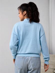 Teen Girl Solid Color Stand Collar Slit Casual Long Sleeve Pullover Sweater, Suitable For Gatherings In Autumn/Winter - Baby Blue - View 2