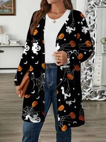 EMERY ROSE Plus Size Women Halloween Pumpkin Skull Bat Printed Casual Loose Long Sleeve Lightweight Cardigan Winter Fall Autumn - Black - View 5