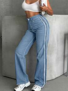 Jeans di stile da strada in denim con dettagli a nastro laterale nello stile Y2K per donna - Blu - Visualizzare 5