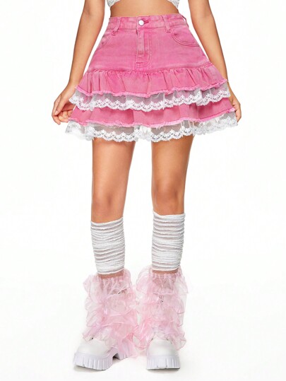 Kawaii Gonna di jeans corta con vita bassa e bordo in pizzo a più strati per donne