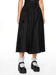 ROMWE Versatile Solid Color Drawstring Waist With Big Pockets A-Line Midi Skirt