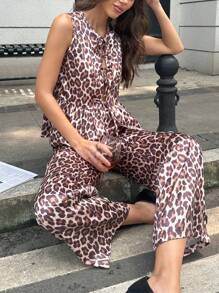 INAWLY 2pcs Women Summer Casual Leopard Print Vest And Pants Set - Camel - View 3