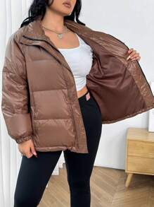 SHEIN EZwear Unisex Plus Size Warm Padded Down& Feathers Jacket, Brown Feather For Winter - Chocolate Brown - View 5