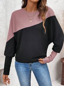 SHEIN LUNE Women Casual Color Block Textured Waffle Fabric Sweatshirt, Autumn - Pink - View 6