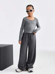 SHEIN Bộ 2 món/Bộ áo dài tay in chữ thể thao thường ngày cho bé gái tuổi teen và quần ống rộng, trang phục màu xám cho mùa thu - Xám - Xem 4