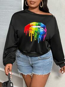 Slaydiva Plus Size Women's Elegant & Casual Fitted Solid Black Oblique Shoulder Buttoned Decor Lip Print Pullover Sweatshirt, Autumn/Winter - Black - View 5