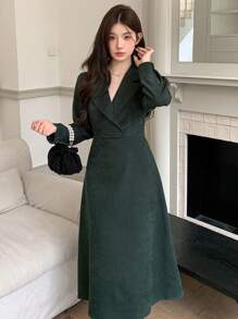 DAZY Women Cross-Wrapped Solid Color Elegant Long Sleeve Midi Dress, Autumn/Winter,Fall Women Clothes