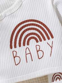 SHEIN Baby Girls' Round Neck Letter Print Button Decor Top And Pants Set - White - View 4