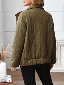 SHEIN Collar Long Sleeve Front Zipper Maternity Coat, Winter Outerwear, Warm And - Green - View 2