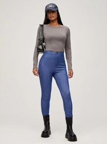 SHEIN BASICS Jeans skinny in vita alta di colore tinta unita, casual, per donna - Blu lavato medio - Visualizzare 4