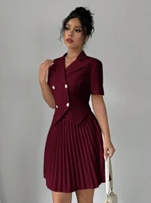 Selianne 两件套女士优雅纯色 Polo 领短袖双排扣上衣和百褶裙套装 - 酒紅色 - 查看 4