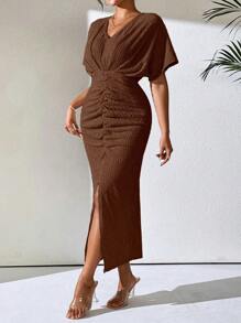 EMERY ROSE 1pc Women's Solid Color V-Neck Batwing Short Sleeve Ruched Slit Bottom Elegant Dress Maxi Women Outfit - Coffee Brown - View 6