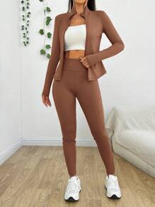 SHEIN EZwear Women's Solid Color Slim Fit 2pcs/Set Outfit - Brown - View 3