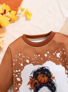2pcs/Set Young Girls Creative Portrait & Letter Print Flare Sleeve Sweatshirt And Flare Pants Set, Spring Autumn - Brown - View 5