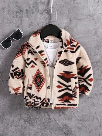 SHEIN Baby Boy's Autumn/Winter Christmas Style Apricot Boho Floral Printed Fleece Jacket