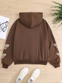 Teen Girl Butterfly Print Front Open Sweatshirt With Thermal Lined, Casual Long Sleeve In Fall/Winter - Brown - View 2