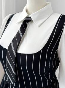 SHEIN EZwear Plus Size Women Striped Print Contrast Collar Long Sleeve Dress - Black and White - View 9