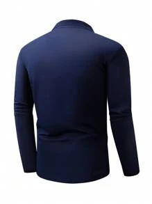 Manfinity Homme Plus Size Men's Solid Color Simple Casual Business Long Sleeve Polo Shirt - Blue - View 5