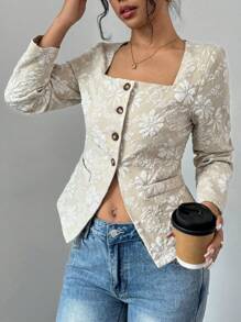 Chiquease Áo sơ mi nữ tay dài cổ vuông cài khuy đơn họa tiết hoa jacquard thanh lịch, mùa thu - Kem - Xem 5