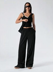 LYSMO Women Solid Color Pleated Simple Casual Pants